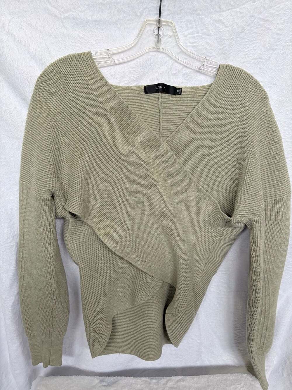 ZCSIA Wrap Sweater Size M Green Criss Cross V-Neck Ribbed Pullover